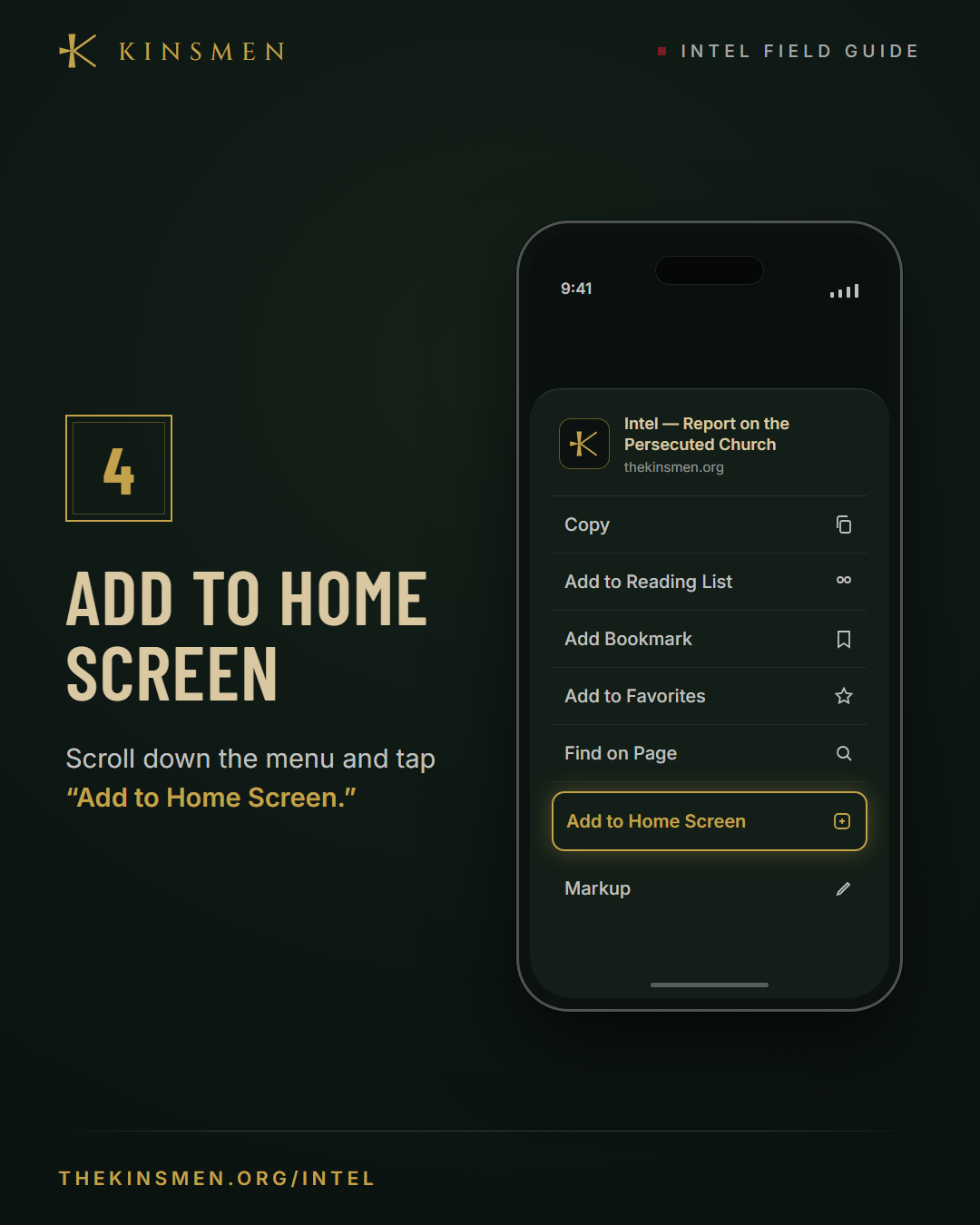 Step 4 — Scroll down the menu and tap Add to Home Screen